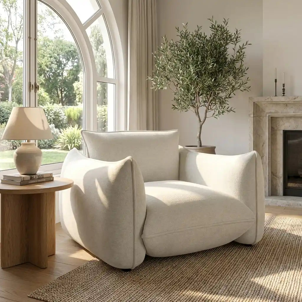 Modern living room with a white armchair, wooden side table, and large window.