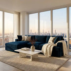 Modern living room with a navy blue sectional sofa, coffee table, and cityscape view.