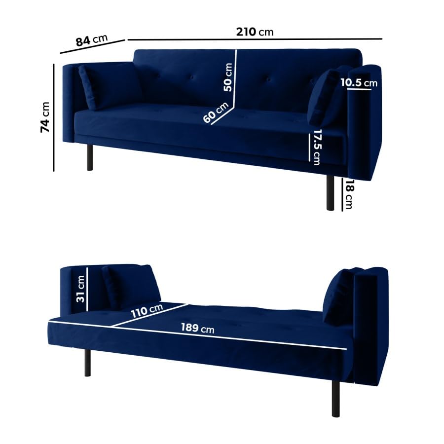 Navy blue sofa with dimensions labeled on a white background