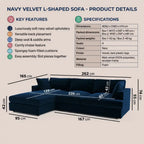 Navy velvet L-shaped sofa with product details including dimensions and features.