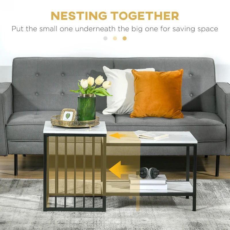 Gray sofa with orange and white pillows, a small table with decor items, and text about saving space.