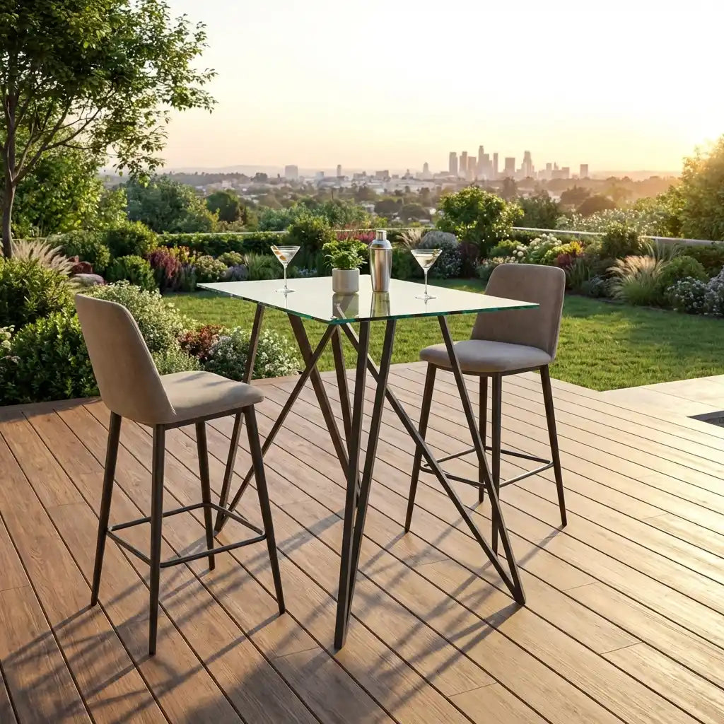 Outdoor dining set with a table and two chairs on a wooden deck with a cityscape in the background.