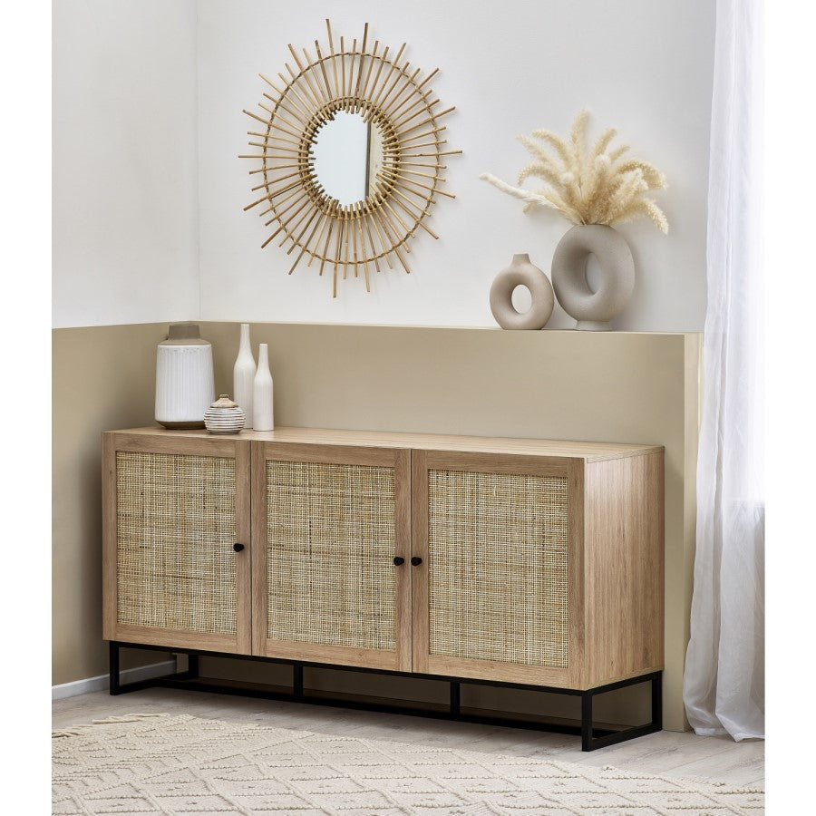 Large Oak Sideboard with Rattan Doors Modern Storage Cabinet for Stylish UK Homes