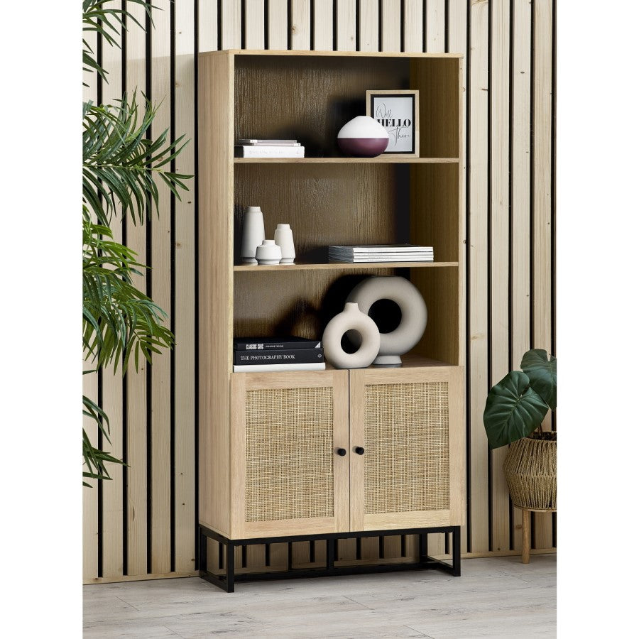 Tall Oak Bookcase with Rattan Doors3 Shelf Wooden Storage Cabinet for Modern UK Homes