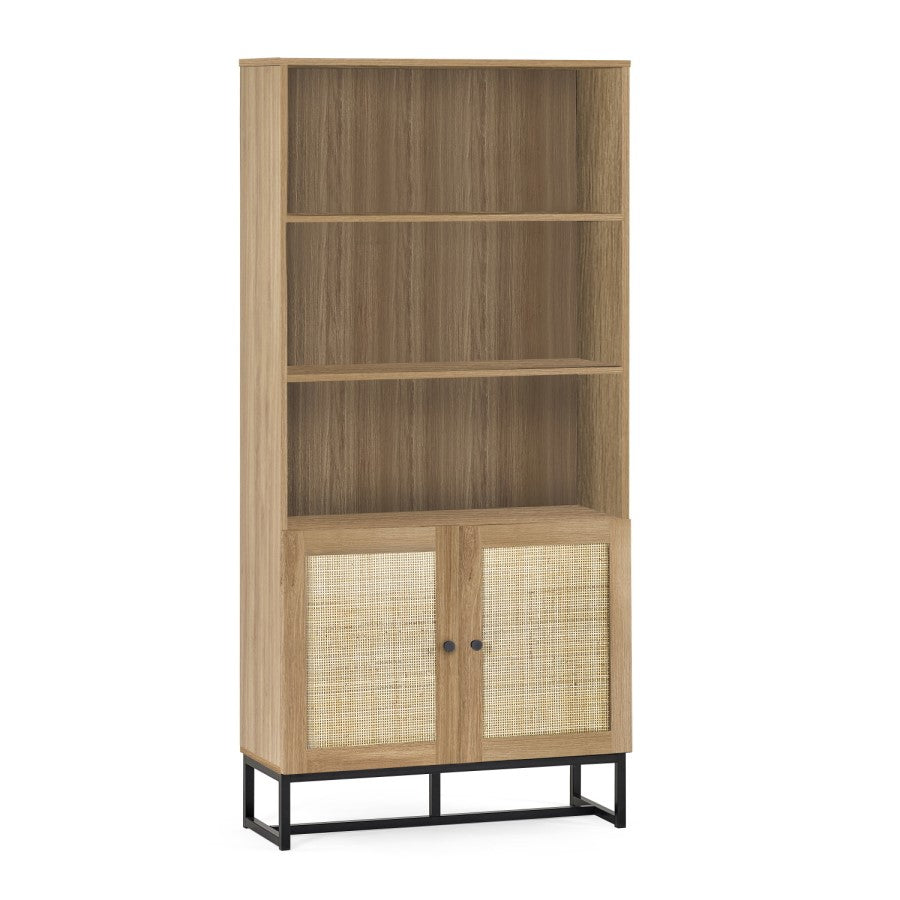 Tall Oak Bookcase with Rattan Doors3 Shelf Wooden Storage Cabinet for Modern UK Homes