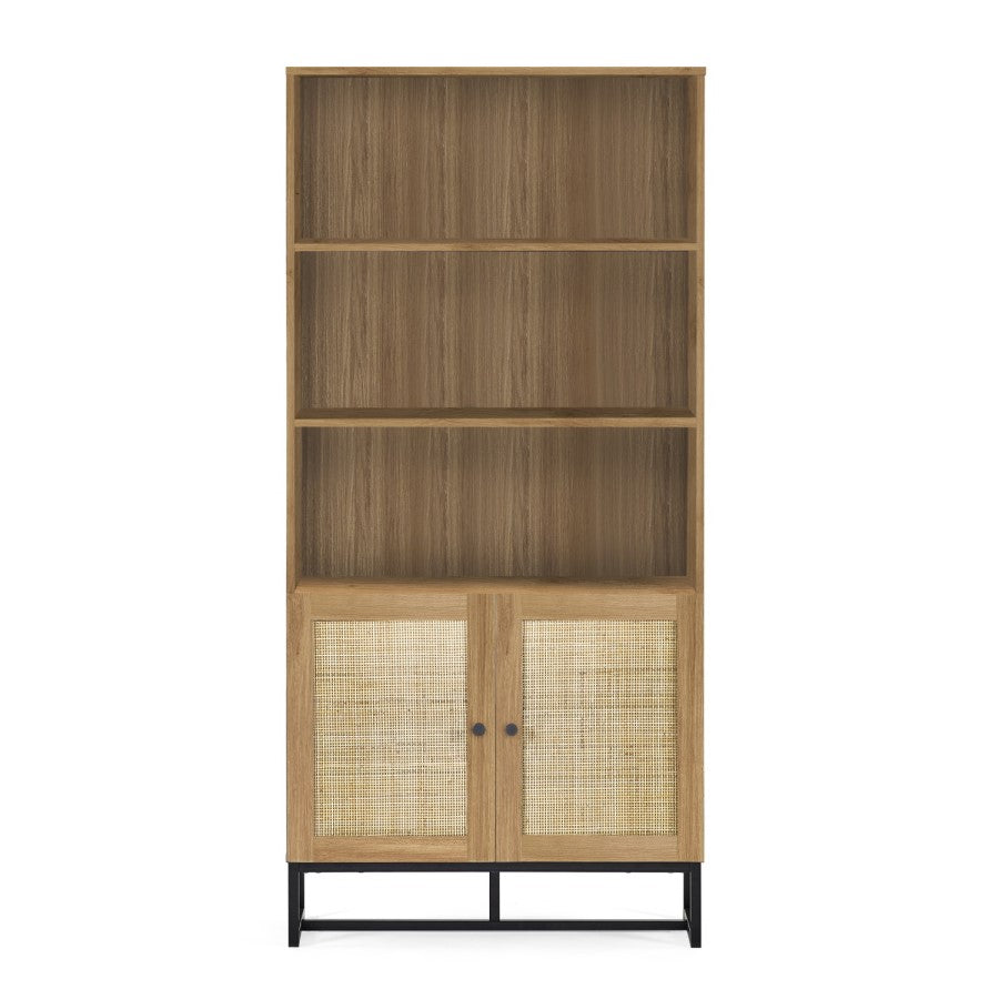 Tall Oak Bookcase with Rattan Doors3 Shelf Wooden Storage Cabinet for Modern UK Homes