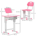 Pink adjustable desk and chair with dimensions on a white background