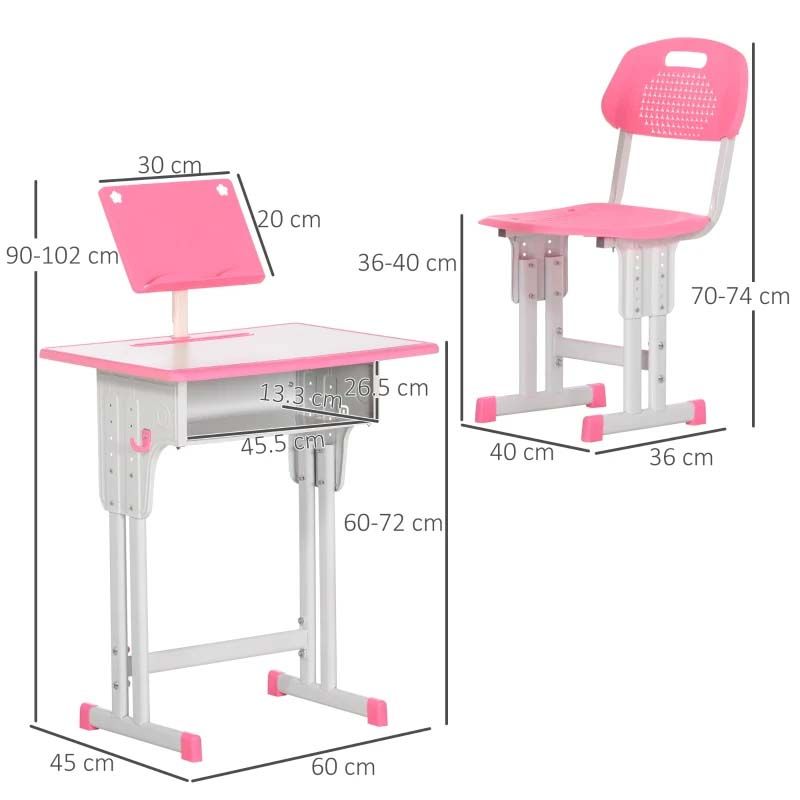 Pink adjustable desk and chair with dimensions on a white background