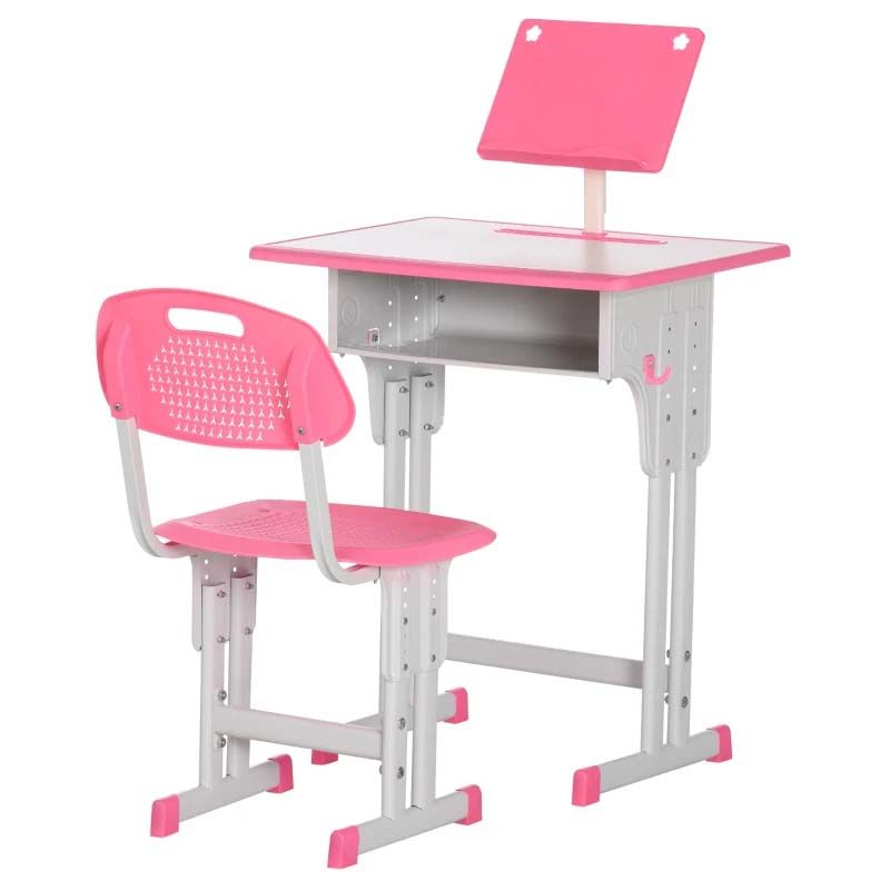 Pink and white adjustable student desk with chair on a white background