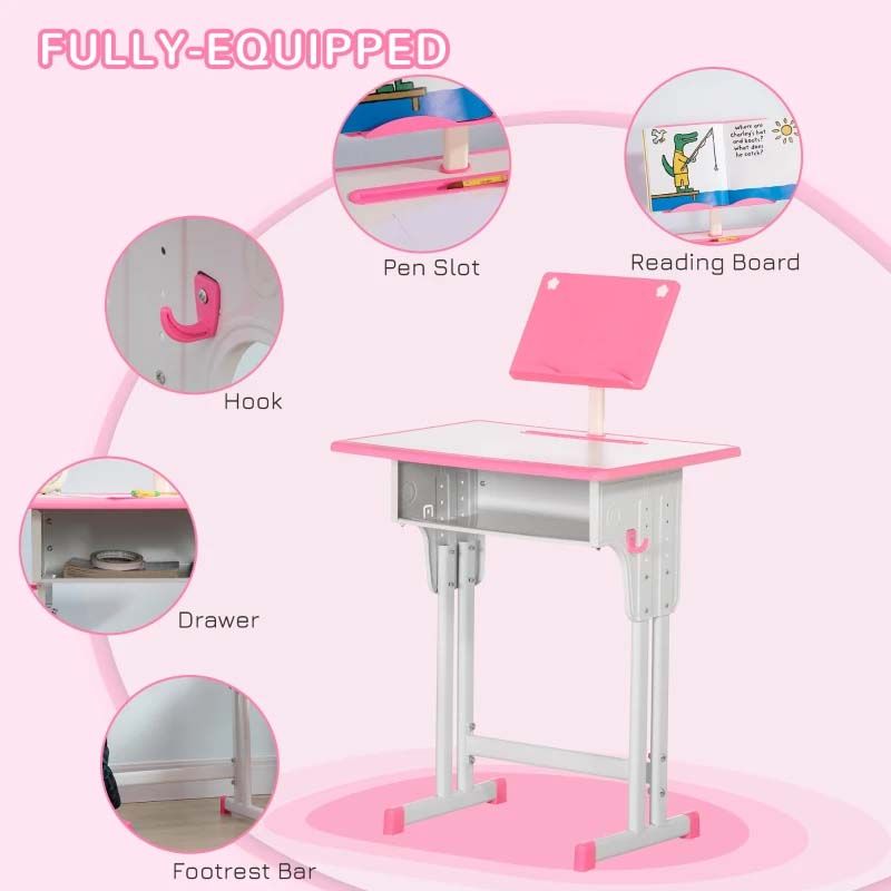 Pink and white children's desk with various features highlighted on a pink background
