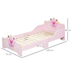 Pink children's bed with princess crown design and measurements on a white background