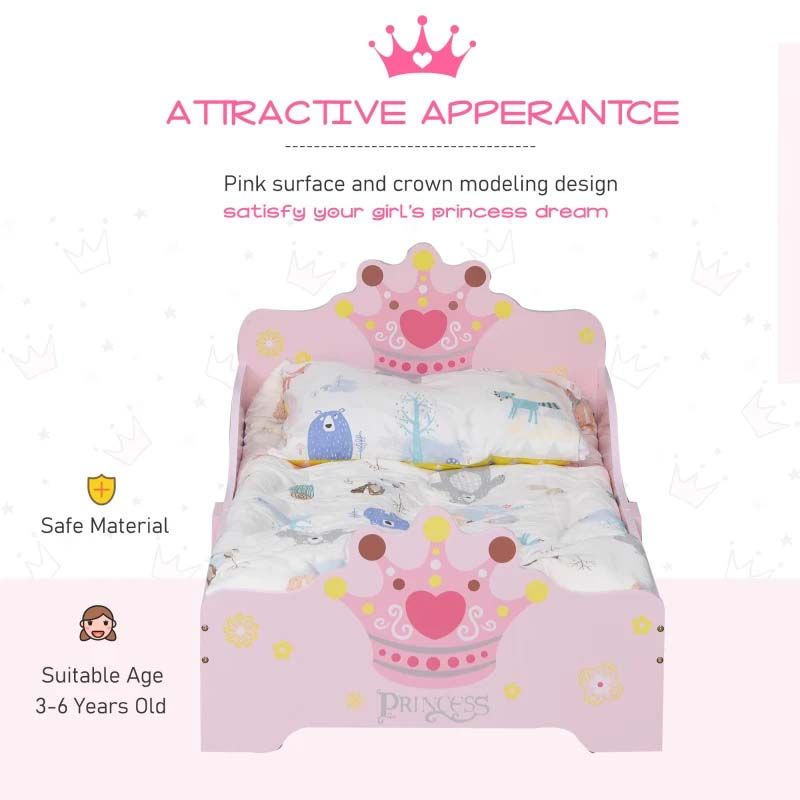 Pink children's bed with princess design and crown on a white background