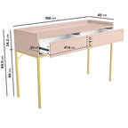 Pink desk with gold legs and dimensions labeled on a white background