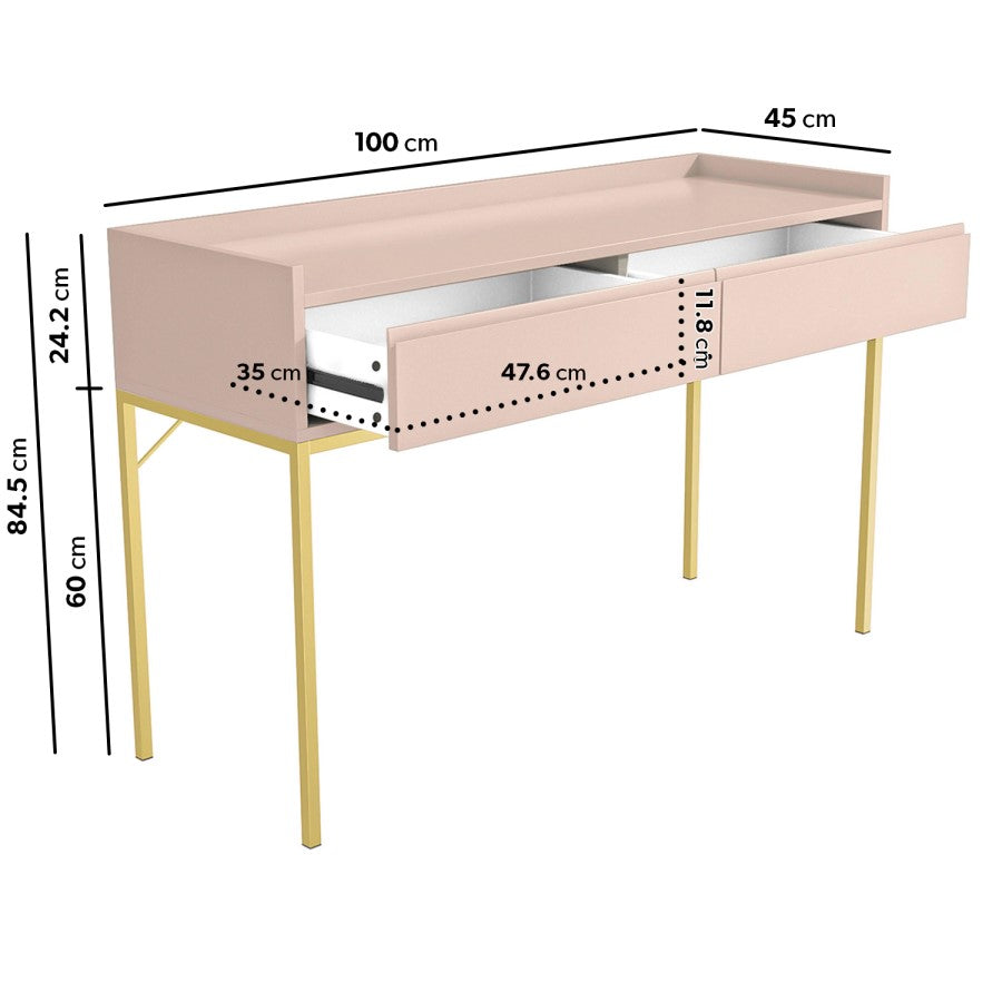 Pink desk with gold legs and dimensions labeled on a white background