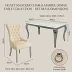 Product details and dimensions graphic for a luxury dining set, showing table and chair measurements with labeled dimensions and feature highlights on a beige background.