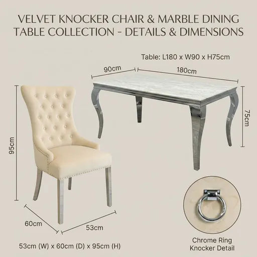 Product details and dimensions graphic for a luxury dining set, showing table and chair measurements with labeled dimensions and feature highlights on a beige background.