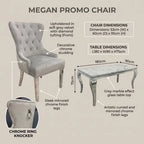 Product details and dimensions graphic for a luxury dining set, showing table and chair measurements with labeled dimensions and feature highlights on a beige background.