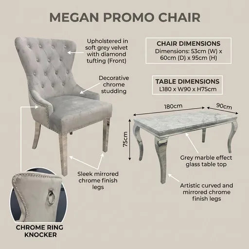 Product details and dimensions graphic for a luxury dining set, showing table and chair measurements with labeled dimensions and feature highlights on a beige background.