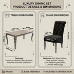 Product details and dimensions graphic for a luxury dining set, showing table and chair measurements with labeled dimensions and feature highlights on a beige background.