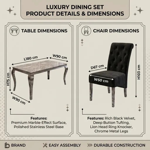 Product details and dimensions graphic for a luxury dining set, showing table and chair measurements with labeled dimensions and feature highlights on a beige background.