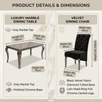 Product details and dimensions infographic for a luxury marble dining table and velvet dining chair. The left panel shows the grey marble top table with chrome base, labeled with dimensions 150cm length, 90cm depth, and 75cm height.