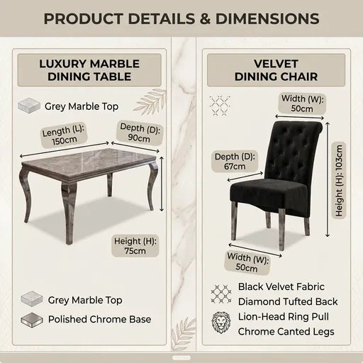 Product details and dimensions infographic for a luxury marble dining table and velvet dining chair. The left panel shows the grey marble top table with chrome base, labeled with dimensions 150cm length, 90cm depth, and 75cm height.