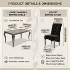 Product details and dimensions infographic for a luxury marble dining table and velvet dining chair. The left panel shows the grey marble dining table with dimensions labeled as 150cm length, 90cm depth, and 75cm height, with a polished chrome base.