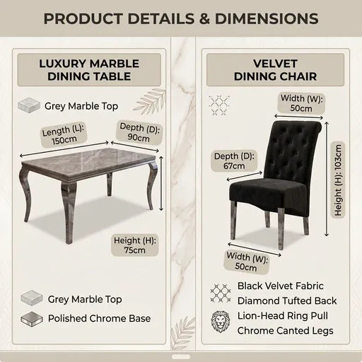 Product details and dimensions infographic for a luxury marble dining table and velvet dining chair. The left panel shows the grey marble dining table with dimensions labeled as 150cm length, 90cm depth, and 75cm height, with a polished chrome base.
