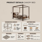 Product details infographic for a canopy bed, showing a rendered bed with height measurement, dimensions, mattress info, bed base, assembly requirement, and packaging boxes on a beige background.