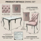 Product details infographic for a dining set, showing a light pink tufted dining chair and a matching marble-patterned table with dimension labels, close-up texture insets, and text describing measurements and features.