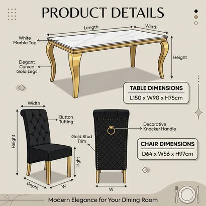 Product details infographic for a dining table and matching chairs, showing labeled dimensions, a rendered table with a white marble top and curved gold legs, and two black tufted chairs with gold legs.