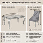 Product details infographic for a marble dining set, showing table and chair dimensions with labeled measurements and key features such as grey marble top, quilted velvet upholstery, and chrome legs.