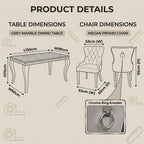 Product details infographic showing dimensions for a grey marble dining table and a beige/cream promo chair, with a chrome ring knocker inset. Includes labeled measurements and product names on a light beige background.