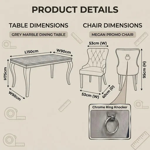 Product details infographic showing dimensions for a grey marble dining table and a beige/cream promo chair, with a chrome ring knocker inset. Includes labeled measurements and product names on a light beige background.
