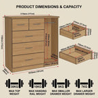 Product dimensions and capacity diagram for a wooden chest of drawers with four drawers and an open side compartment. The image shows the overall furniture dimensions, drawer measurements, and maximum weights for the top, hanging rail, smaller drawer, and larger drawer on a beige background.