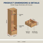 Product dimensions and details diagram for a single wardrobe with drawer, showing front, side, and top views with labeled measurements and features like hanging rail, adjustable shelf, and spacious storage.