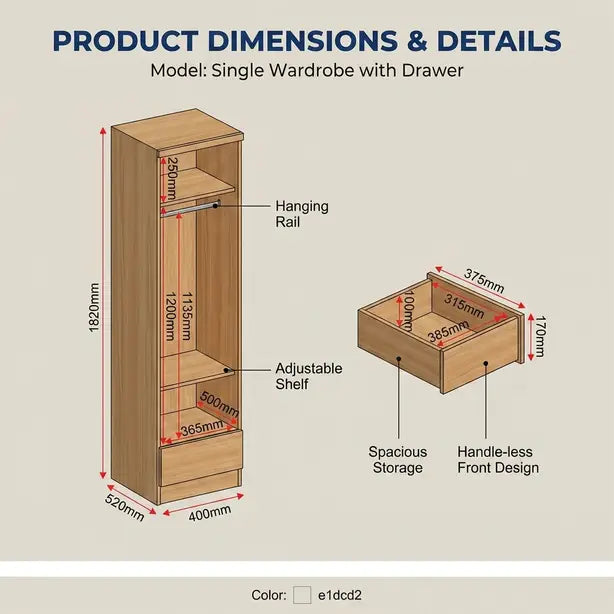 Product dimensions and details diagram for a single wardrobe with drawer, showing front, side, and top views with labeled measurements and features like hanging rail, adjustable shelf, and spacious storage.