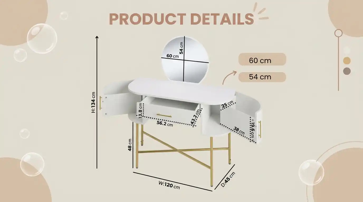 Product dimensions displayed on a beige background with measurement details.