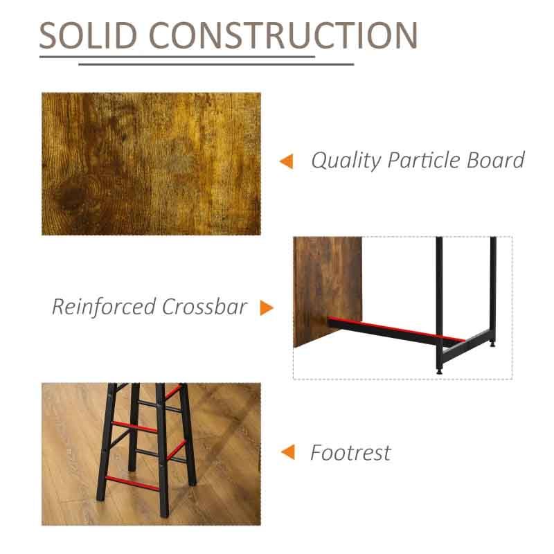 Product features including solid construction, quality particle board, reinforced crossbar, and footrest on a white background.