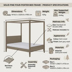 Product specifications and dimensions chart for a solid pine four-poster bed frame, showing a labeled line drawing of the bed with dimensions, weight, mattress info, appearance, materials, bed base, assembly requirement, and packaging boxes on a light beige background.