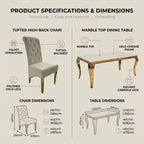 Product specifications and dimensions diagram for a tufted high-back chair and marble dining table, showing labeled views, dimensions, and material notes on a beige background.