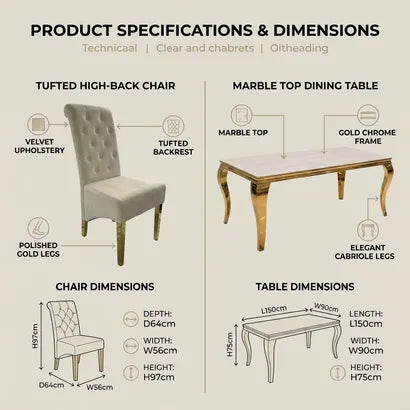 Product specifications and dimensions diagram for a tufted high-back chair and marble dining table, showing labeled views, dimensions, and material notes on a beige background.