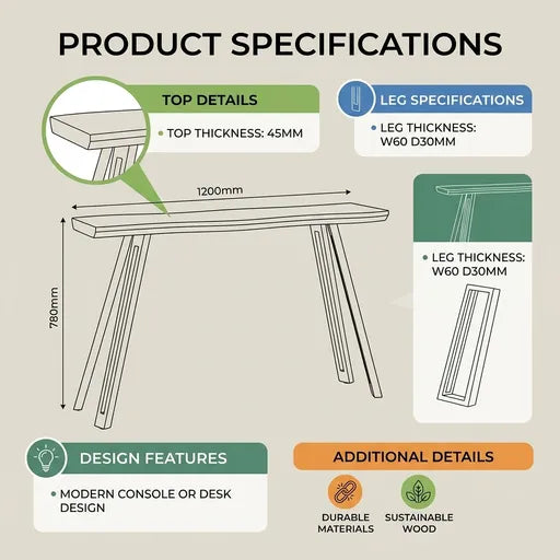 Product specifications infographic for a modern wooden console or desk, 