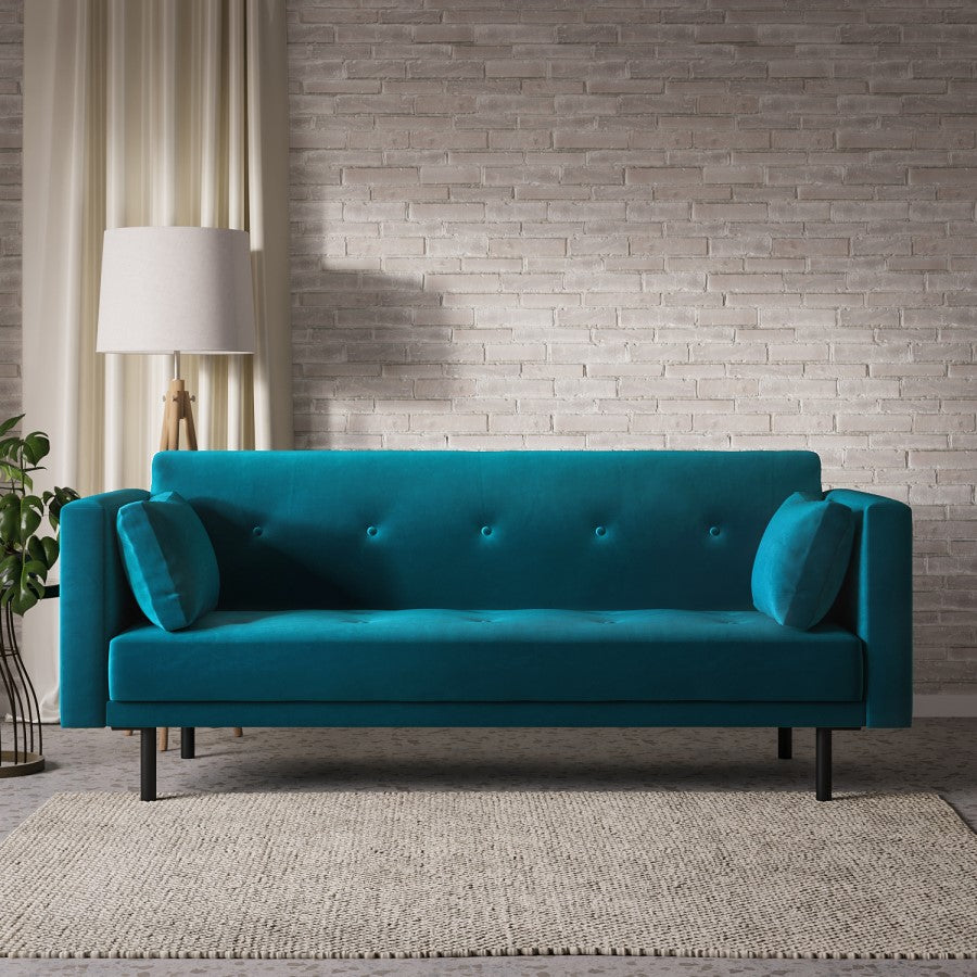 Teal Velvet Click Clack Sofa Bed – Modern 3 Seater Convertible Sofa for Living Room or Guest Room