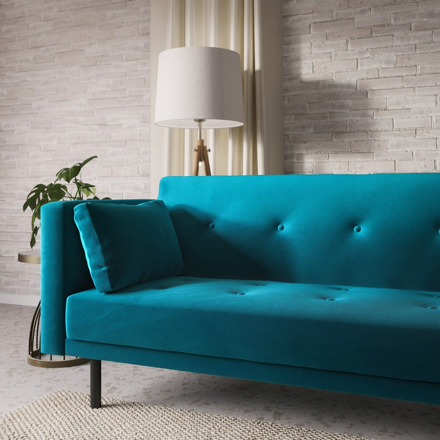 Teal Velvet Click Clack Sofa Bed – Modern 3 Seater Convertible Sofa for Living Room or Guest Room