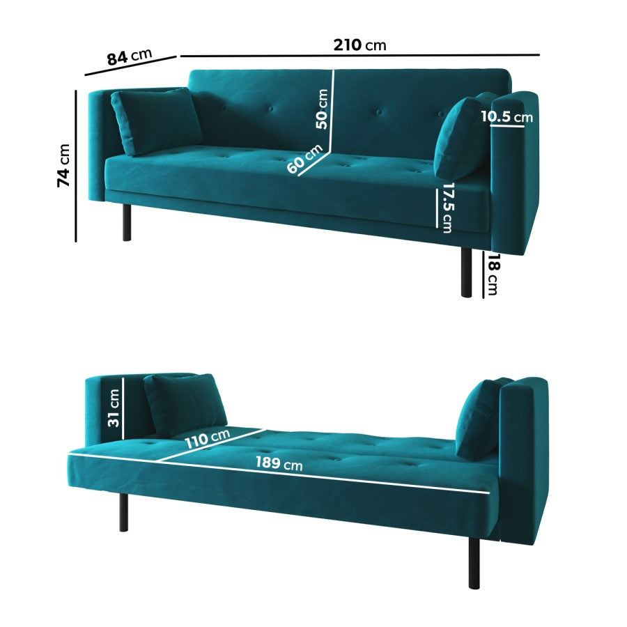 Teal Velvet Click Clack Sofa Bed – Modern 3 Seater Convertible Sofa for Living Room or Guest Room