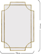 Rectangular mirror with gold frame and dimensions on a white background