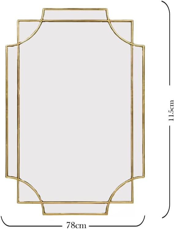 Rectangular mirror with gold frame and dimensions on a white background
