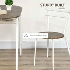 Round dining table with wooden top and white metal legs on a wooden floor.