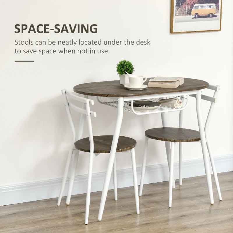 Round wooden table with stools underneath, space-saving feature highlighted.